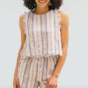 100771.LetsMakeSomeTimeTaupeBrownStripedShorts.A8583